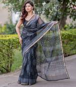 Black kota doria saree with tree block print