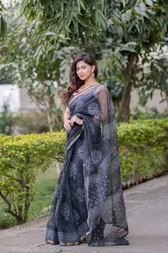 Black kota doria saree with tree block print