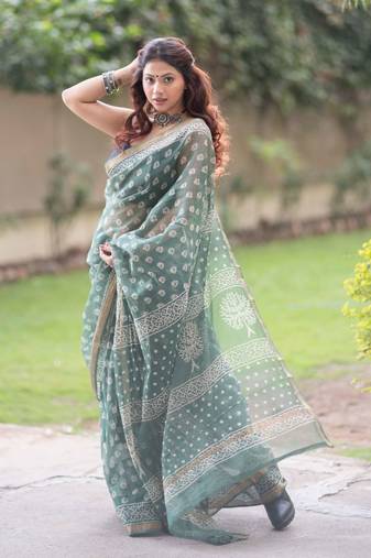 Green kota doria saree with white block print