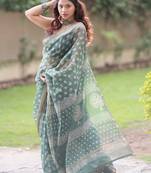 Green kota doria saree with white block print