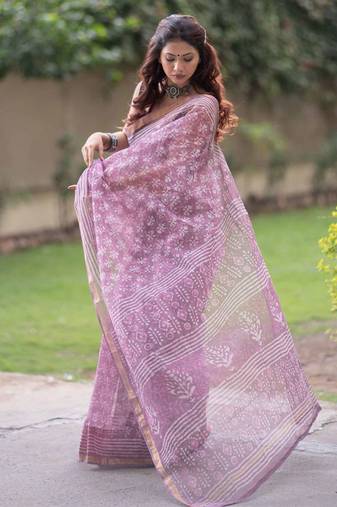 Light purple kota doria saree with white block prints