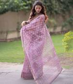 Light purple kota doria saree with white block prints