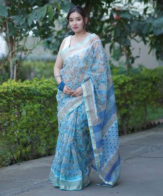 Light blue floral print kota doria saree with stripes on pallu 1