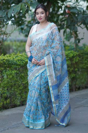 Light blue floral print kota doria saree with stripes on pallu