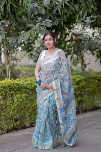 Light blue floral print kota doria saree with stripes on pallu