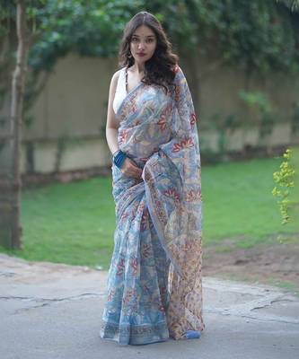 Blue kota doria saree with red and cream floral print 1