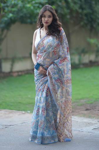 Blue kota doria saree with red and cream floral print