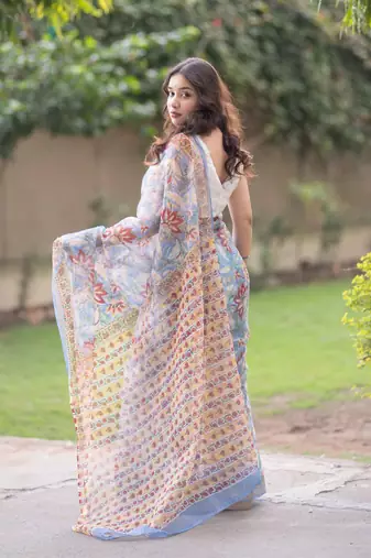Blue kota doria saree with red and cream floral print