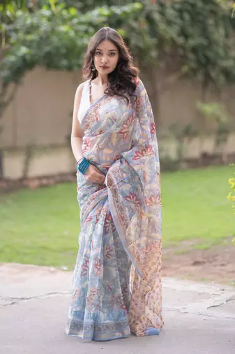 Blue kota doria saree with red and cream floral print