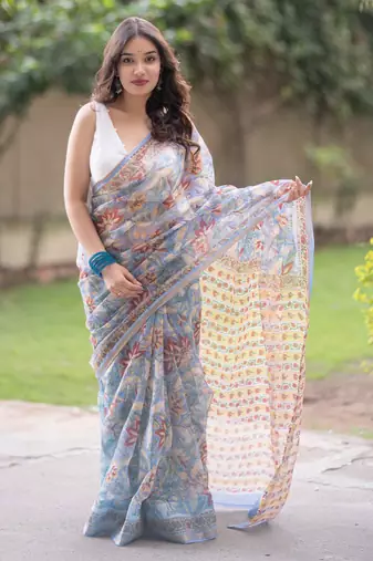 Blue kota doria saree with red and cream floral print