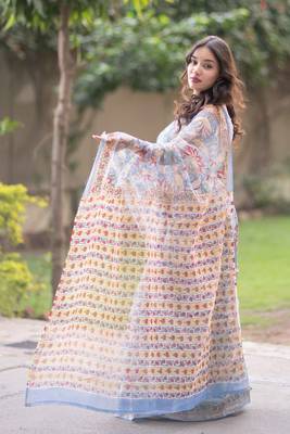 Blue kota doria saree with red and cream floral print 5