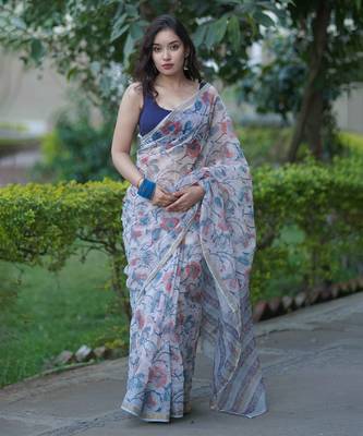 White kota doria saree with blue floral prints 1