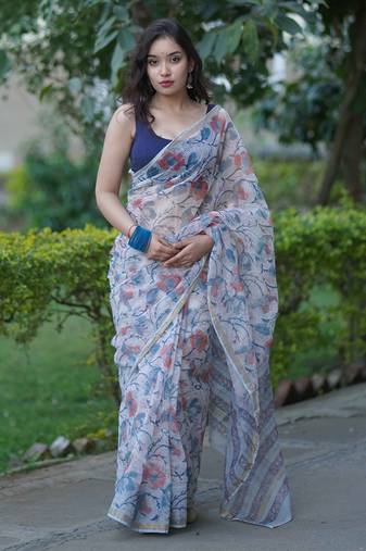 White kota doria saree with blue floral prints