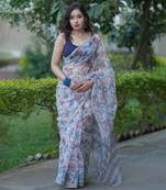White kota doria saree with blue floral prints
