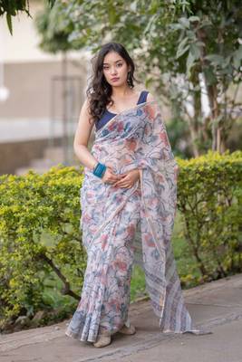 White kota doria saree with blue floral prints 2