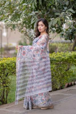 White kota doria saree with blue floral prints 4