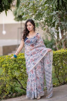 White kota doria saree with blue floral prints 5