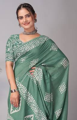 green Pure soft cotton hand block batik print saree with blouse piece 2