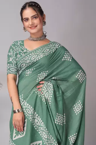 green Pure soft cotton hand block batik print saree with blouse piece