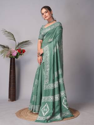 green Pure soft cotton hand block batik print saree with blouse piece 3