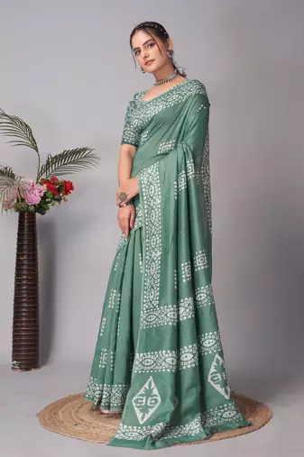 green Pure soft cotton hand block batik print saree with blouse piece