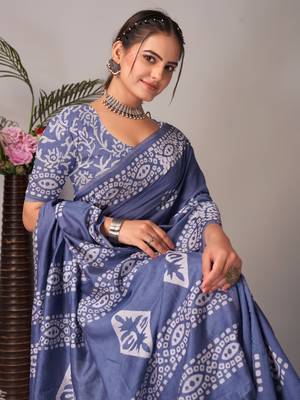 grey Pure soft cotton hand block batik print saree with blouse piece 1