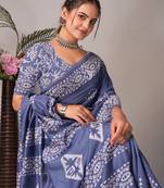 grey Pure soft cotton hand block batik print saree with blouse piece