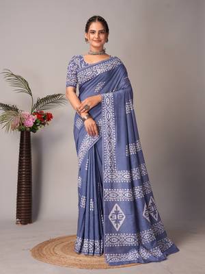grey Pure soft cotton hand block batik print saree with blouse piece 2