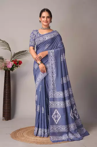 grey Pure soft cotton hand block batik print saree with blouse piece