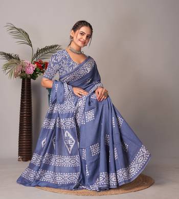 grey Pure soft cotton hand block batik print saree with blouse piece 3