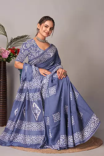 grey Pure soft cotton hand block batik print saree with blouse piece