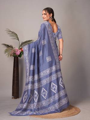 grey Pure soft cotton hand block batik print saree with blouse piece 4