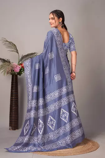 grey Pure soft cotton hand block batik print saree with blouse piece
