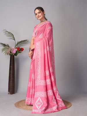 Pink Pure soft cotton hand block batik print saree with blouse piece 2