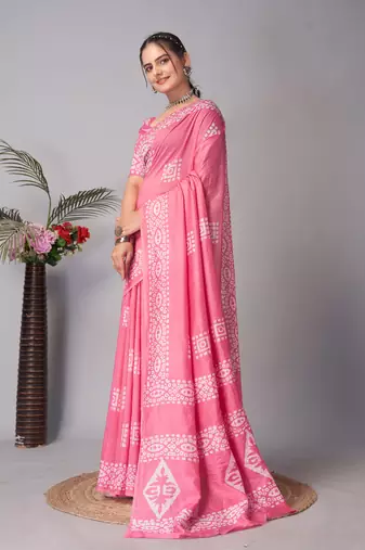 Pink Pure soft cotton hand block batik print saree with blouse piece
