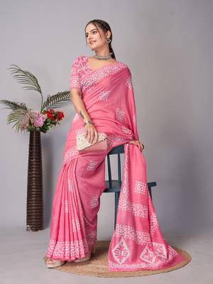 Pink Pure soft cotton hand block batik print saree with blouse piece 3