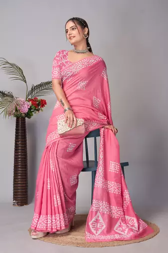 Pink Pure soft cotton hand block batik print saree with blouse piece