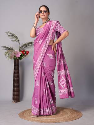 wine Pure soft cotton hand block batik print saree with blouse piece 2