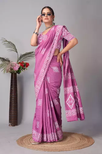 wine Pure soft cotton hand block batik print saree with blouse piece