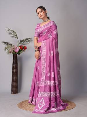 wine Pure soft cotton hand block batik print saree with blouse piece 4