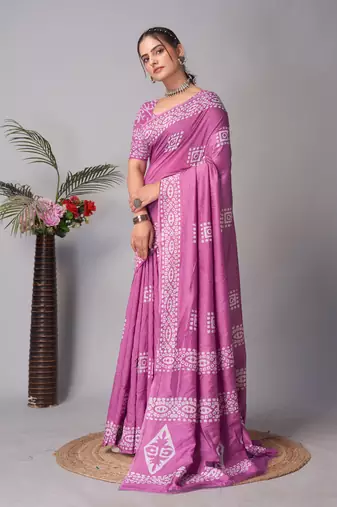 wine Pure soft cotton hand block batik print saree with blouse piece