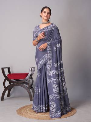 grey Pure soft cotton hand block batik print saree with blouse piece 1