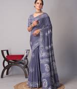 grey Pure soft cotton hand block batik print saree with blouse piece
