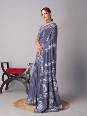 grey Pure soft cotton hand block batik print saree with blouse piece 2