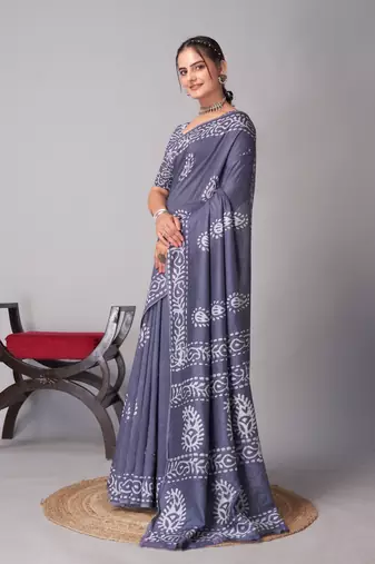 grey Pure soft cotton hand block batik print saree with blouse piece
