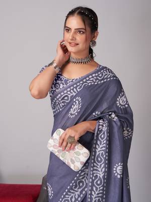 grey Pure soft cotton hand block batik print saree with blouse piece 3