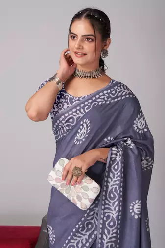 grey Pure soft cotton hand block batik print saree with blouse piece