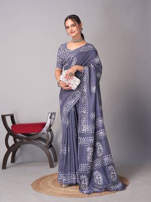 grey Pure soft cotton hand block batik print saree with blouse piece 4