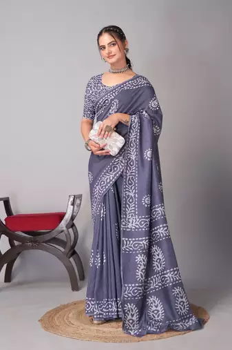 grey Pure soft cotton hand block batik print saree with blouse piece