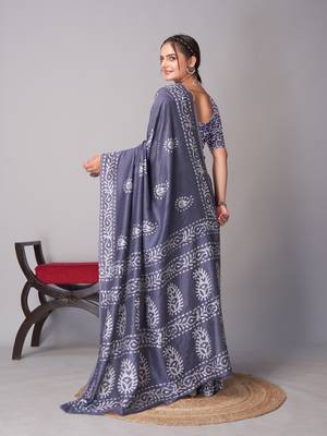 grey Pure soft cotton hand block batik print saree with blouse piece 5